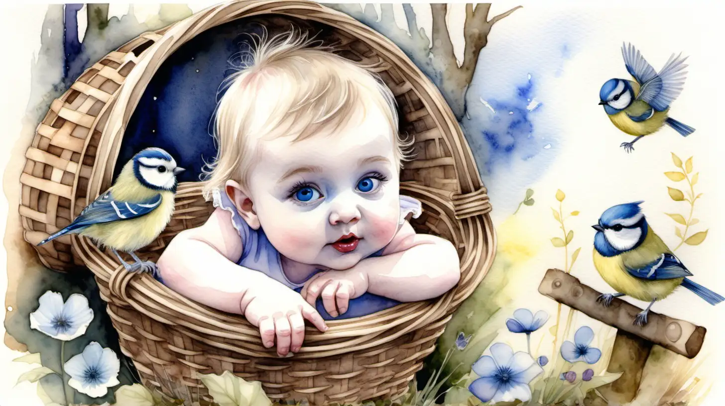 A watercolour fairytale picture of a darkblond blueeyed 1 yr old baby girl in a basket outside a fairy house. A bluetit
