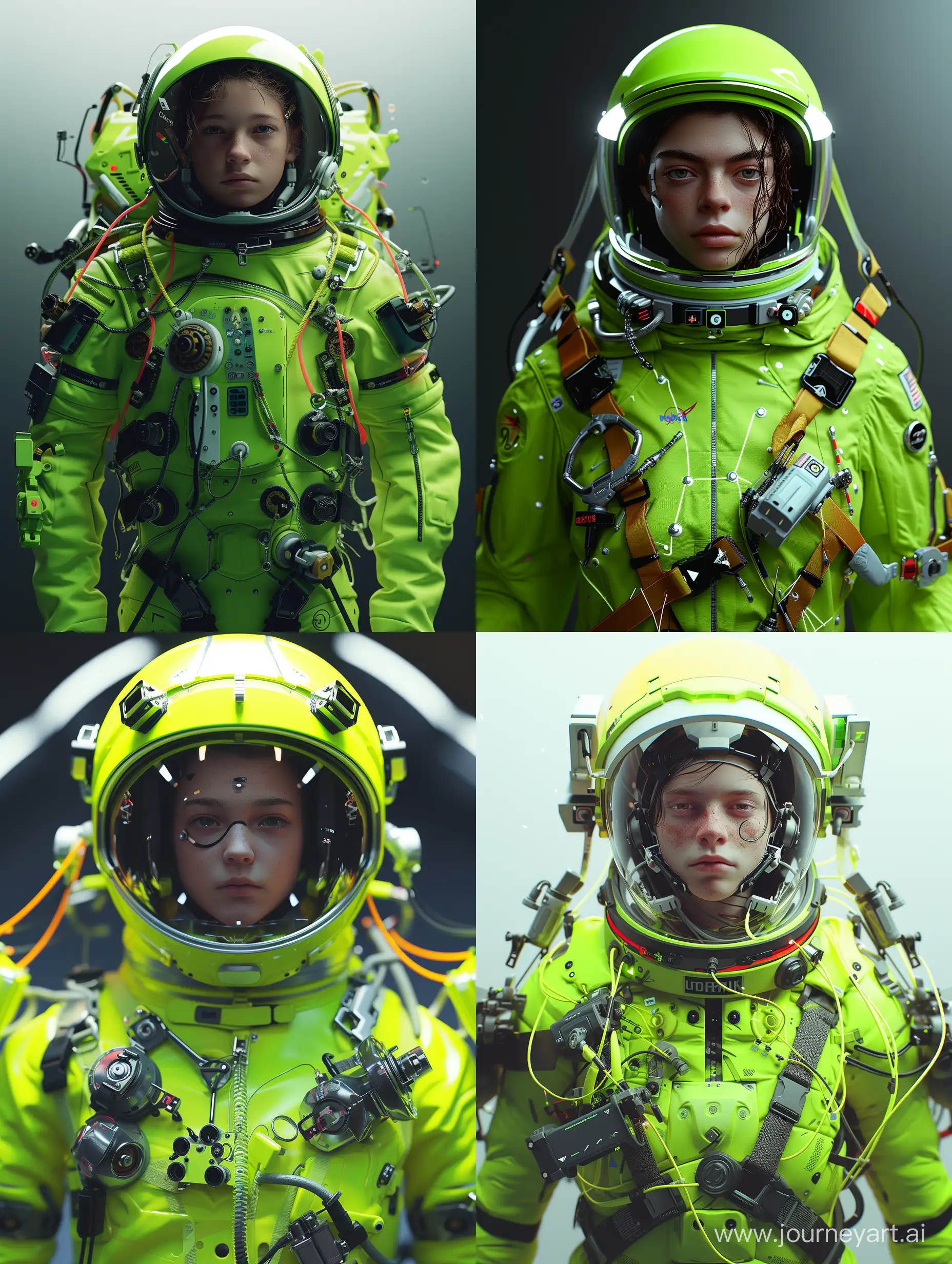  A person in a neon green spacesuit with a helmet and various straps and gadgets on their arms and chest. Detailed face, detailed eyes, detailed nose, detailed mouth, high_resolution, hdr, hd, 8k, cinematic,photography, photorealistic, photorealism, hyperdetailed, illustrations, illustrating,clear skin,uhd, ultra-realistic, realism, realistic, best lighting, colour,high quality, unreal engine, epic realism, detailed, best design, detailed graphics, high_contrast, super detailed, ((masterpiece)),hyper-realistic,ultra_detailed,high_definition,professional SLR camera,volumetric lights.
