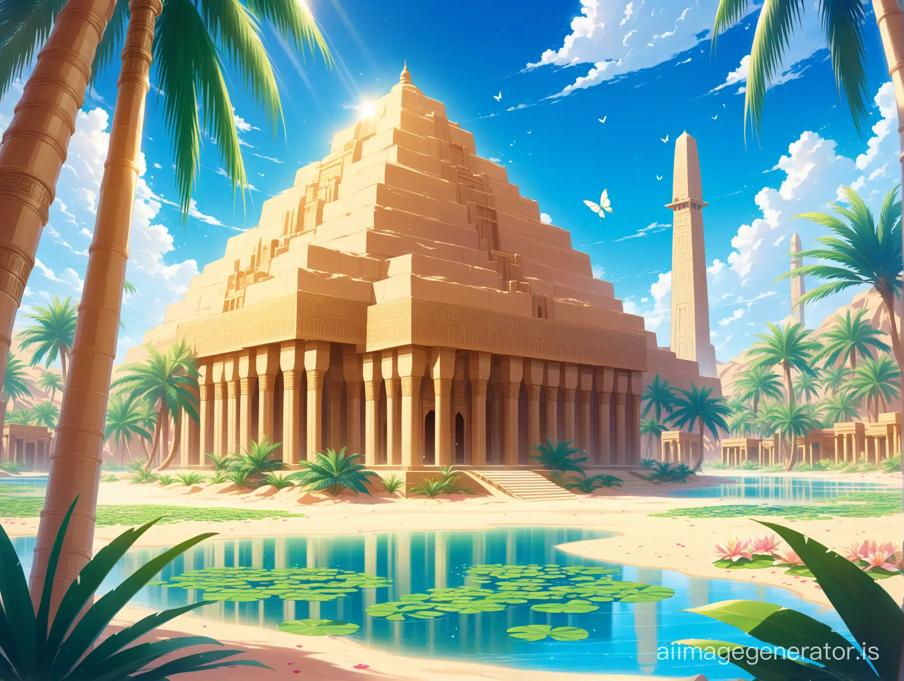 Mokoto shinkai style , oasis ,palm, sand, arbian style, colorful petals, lily pad, flower beside Oasis, glistening sunlight , Arabian tample, blue sky, clouds, beautiful fantasy Arabian oasis , Egyptian tample,  butterfly, ultra hd, High quality, anime style