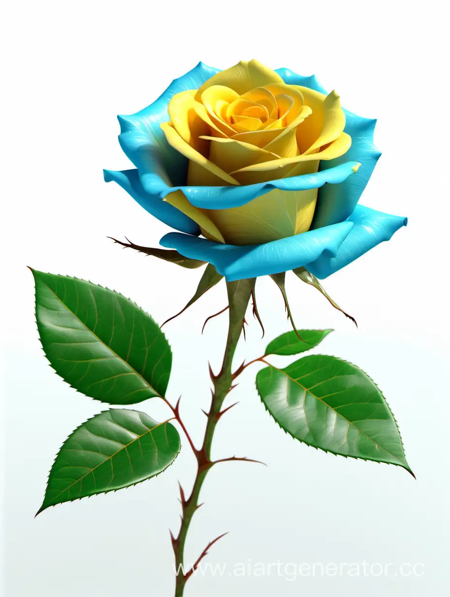 Vibrant-Sky-Blue-and-Yellow-Rose-in-Stunning-8K-HD-with-Lush-Green-Leaves-on-White-Background