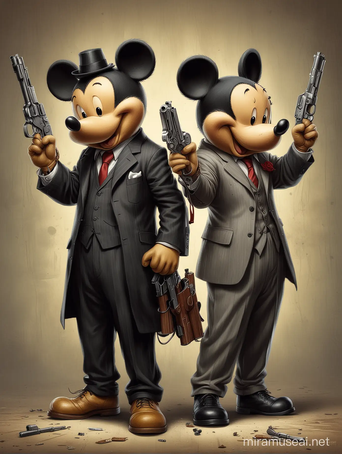create only two people  Mickey Mouse and Winnie the Pooh being gangsters dressed up in suits stylized in 2000's with guns in hands