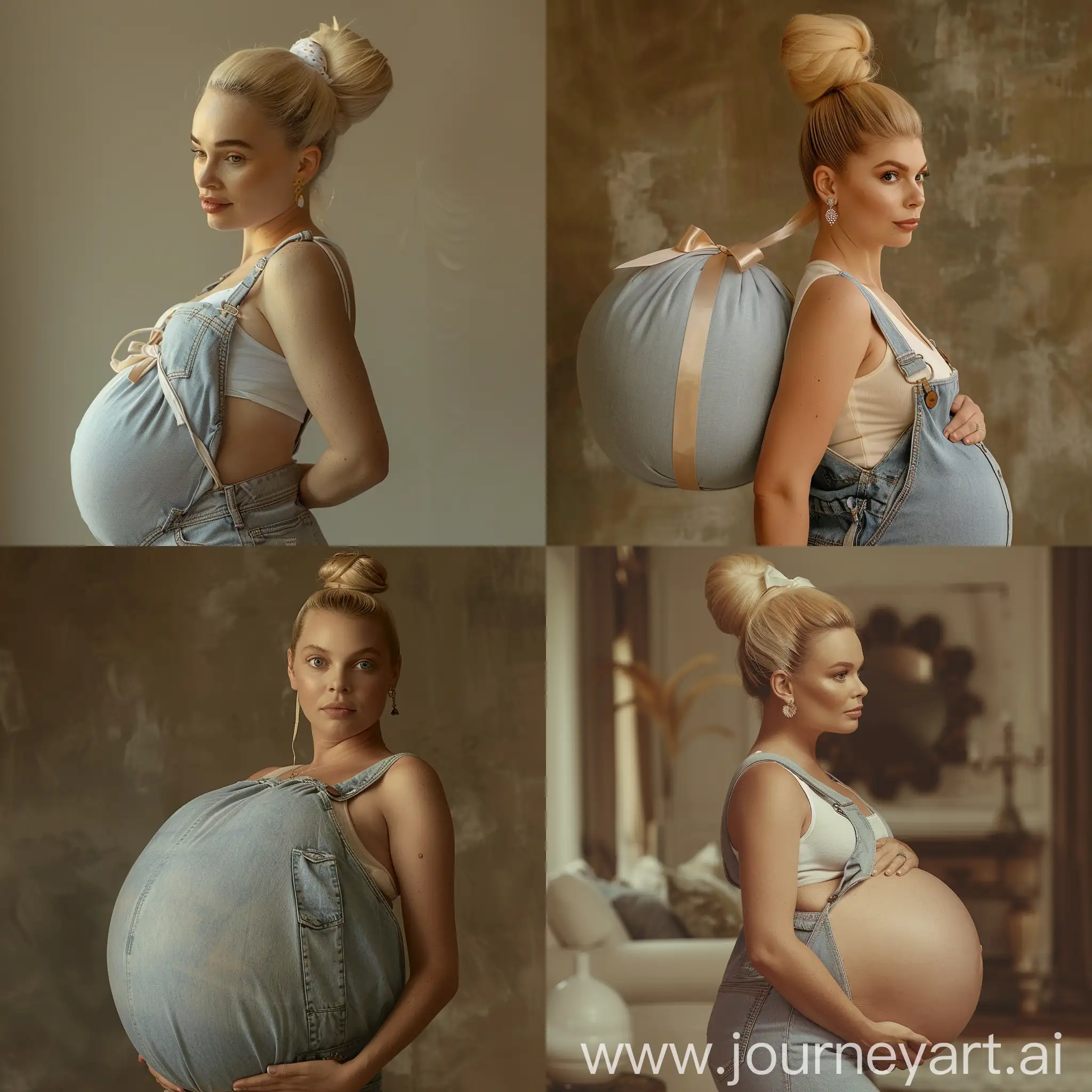 A captivating photograph of a radiant pregnant model. Her blonde hair is elegantly tied into a sleek bun, adorned with a delicate ribbon. Her overalls  and tank top covers her large 80-inch round belly as it swells with her expanding womb. With just a single statement earring on her ear, she exudes confidence as she strides through a contemporary photo studio. The warm, natural light enhances her radiant glow, making her an embodiment of beauty and strength.