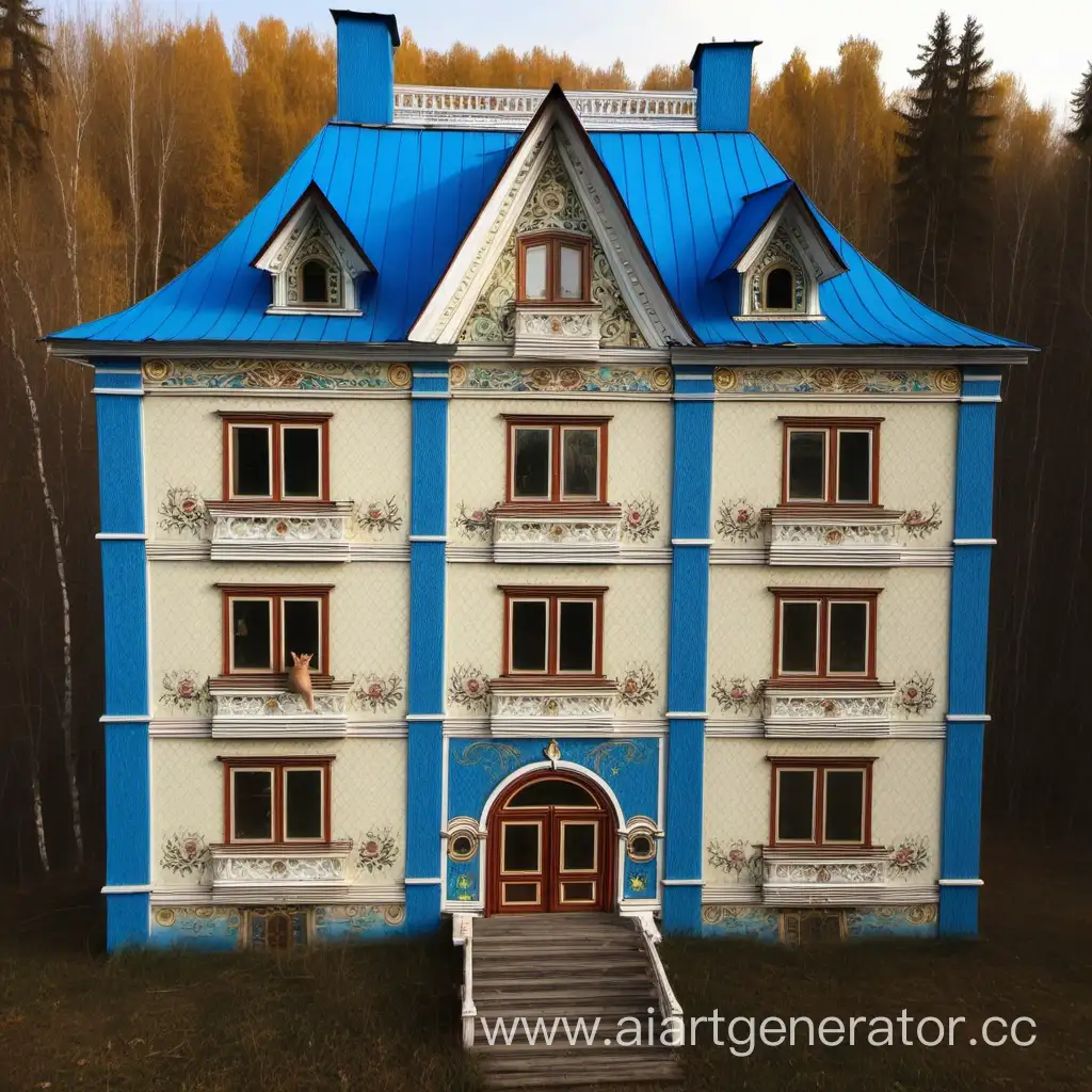 This is a famous Russian fairytale - the Teremok. This is a big house of three floors. There live a mouse, a frog, a hare, a fox, a wolf and a bear. They all are looking from the windows of this house and we can see them