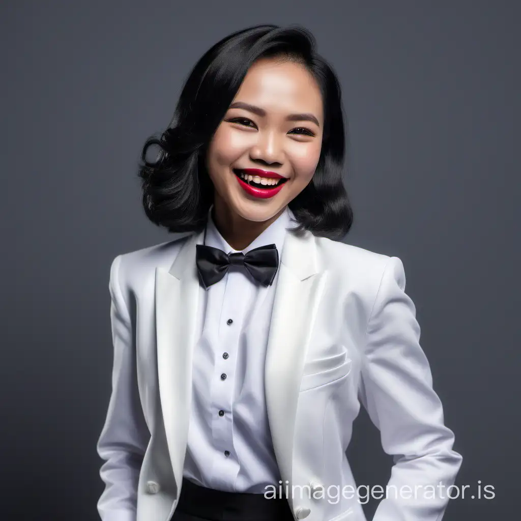 smiling and laughing Malaysian woman with shoulder-length hair and lipstick wearing a white tuxedo with a white shirt and a black bow tie