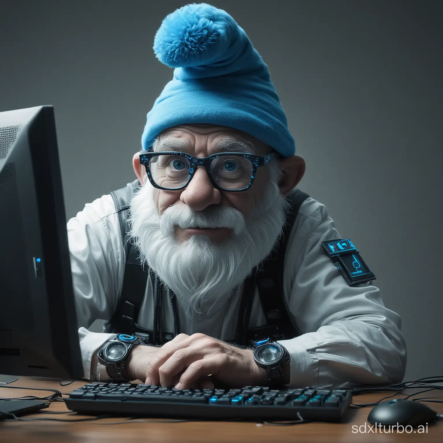 Poppa smurf wearing glasses hacking a computer

cyberpunk, future, led

