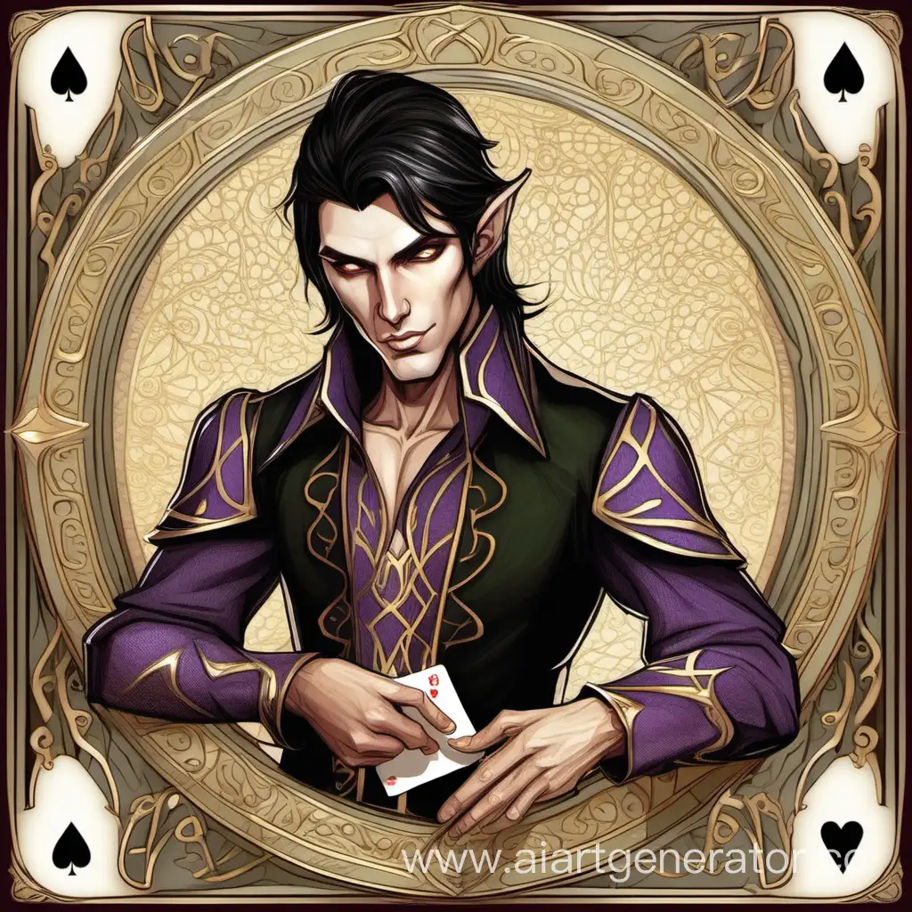 Нарцистичный темноволосый полуэльф мужчина и невероятной красоты, любящий поиграть в карты
