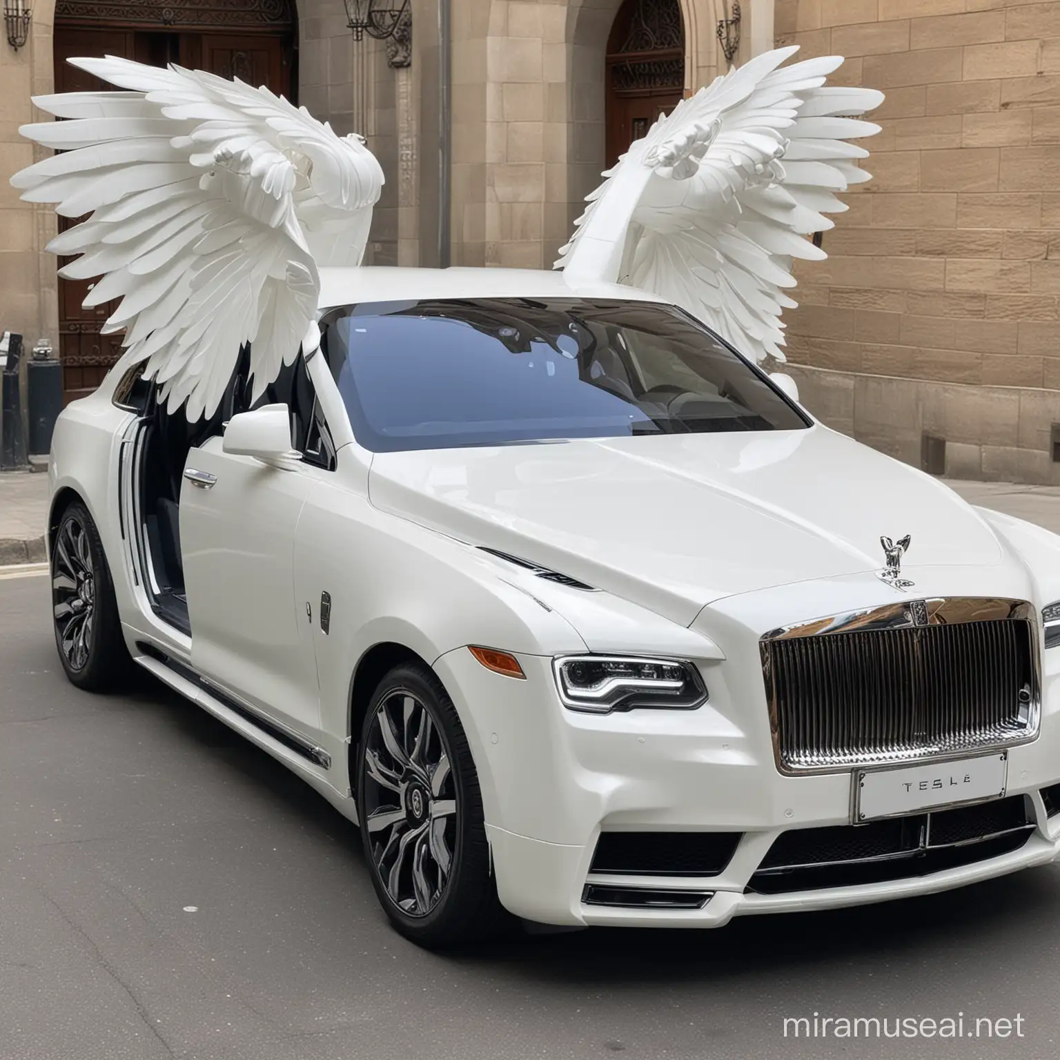Can car which is sedan and add rolls Royce front bount in it and also add Tesla model x like door which open like butterfly. Make car In white colour 