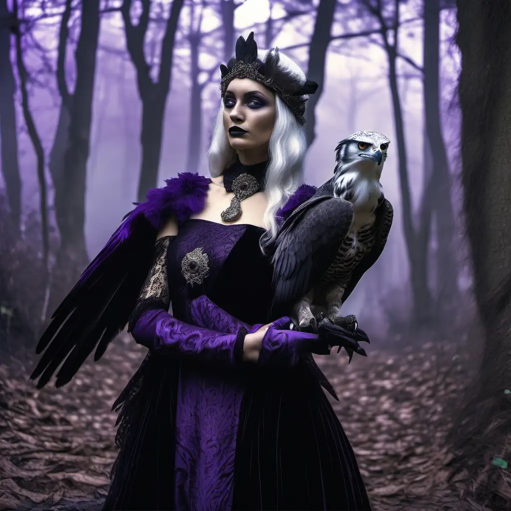 a seeress dressed n a black velvet & lace dress ,purple fingerless gloves on her hands, she has a harpy eagle standing beside her she is in ancient forest