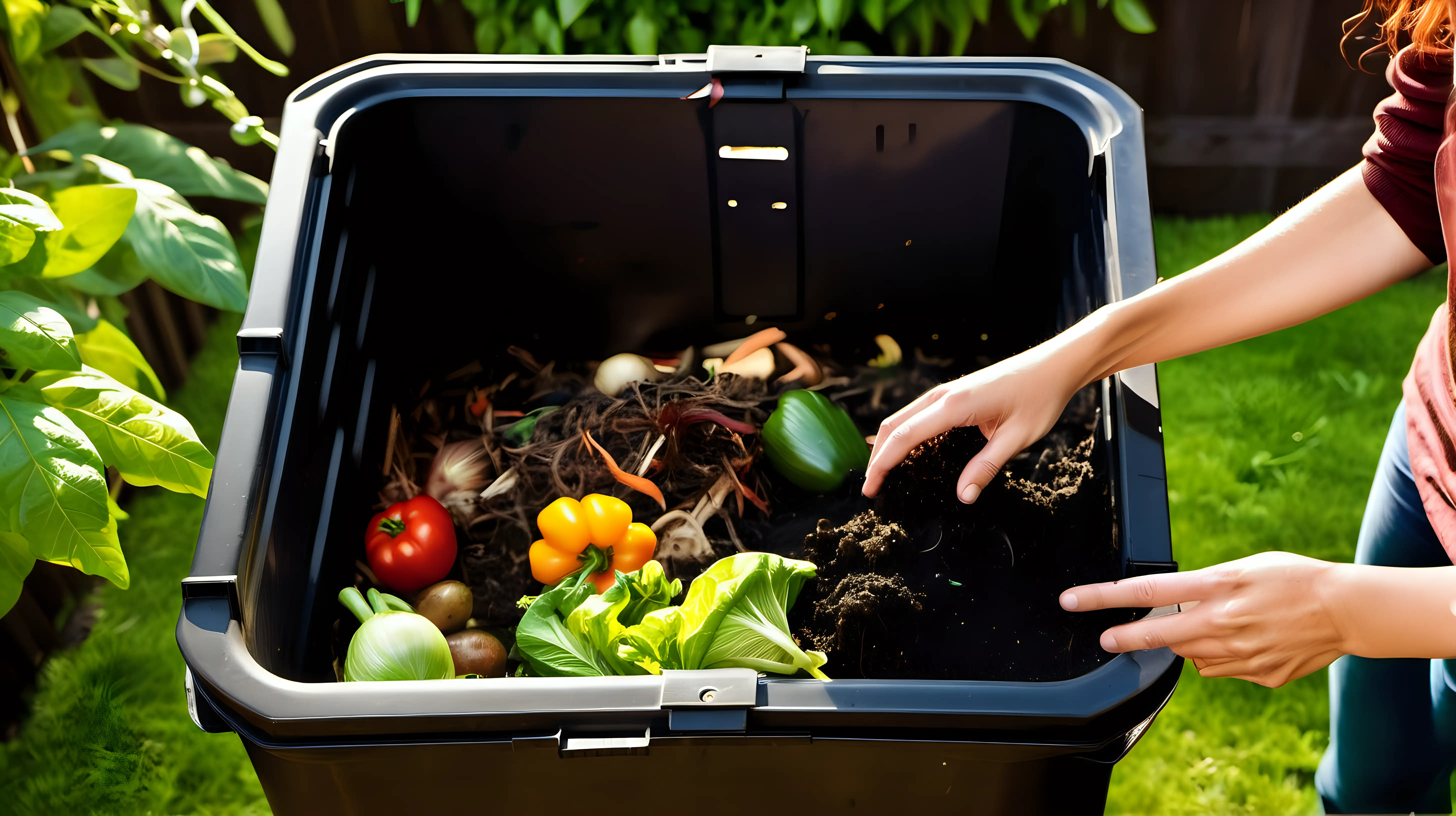 Person composting food waste in backyard compost bin garden