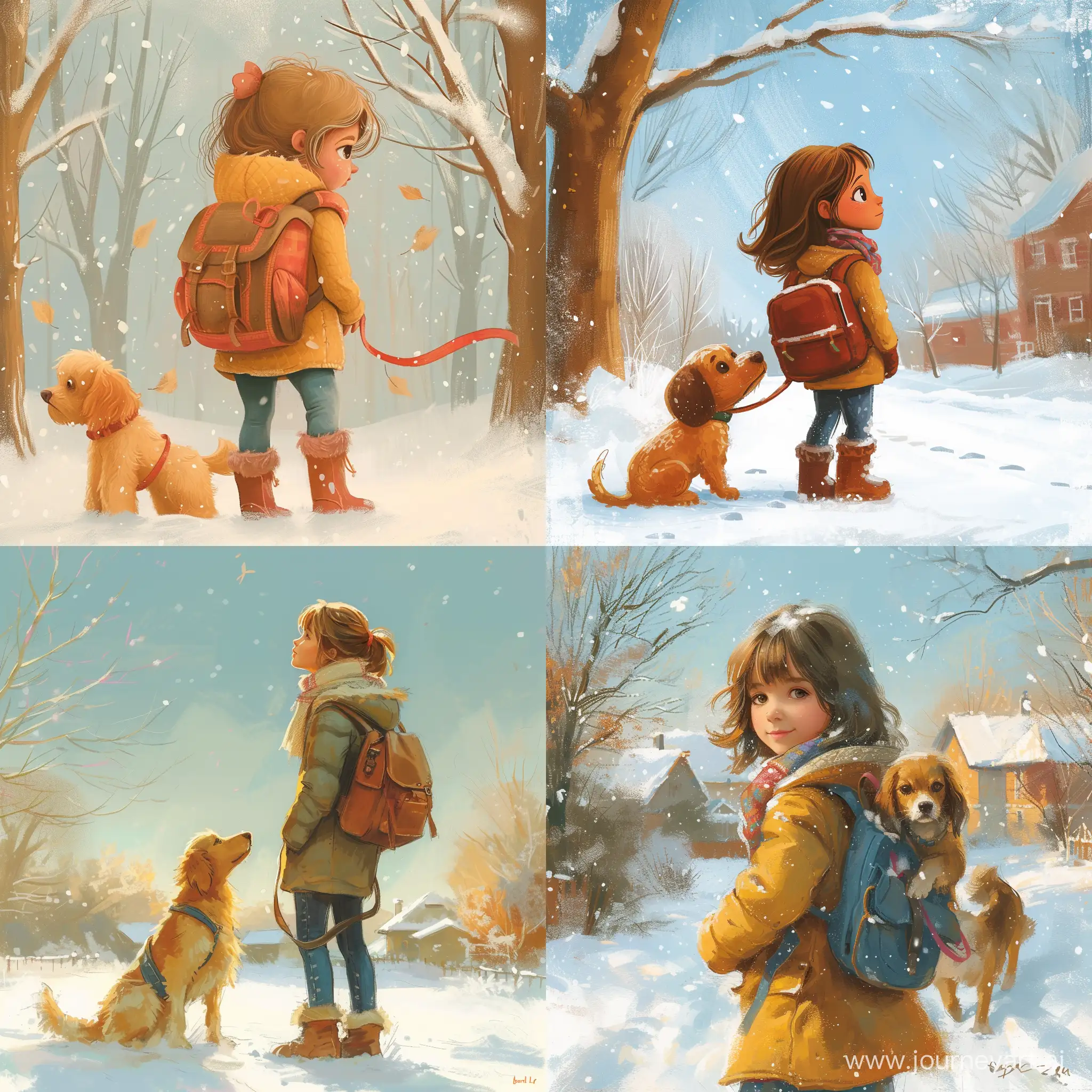 Girl-with-Dog-Walking-to-School-on-Sunny-Winter-Day