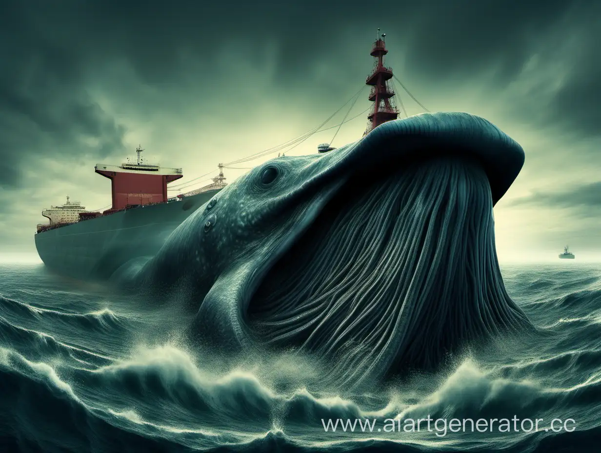 Gargantuan sea creature swallowing big oil tanker whole, restless ocean