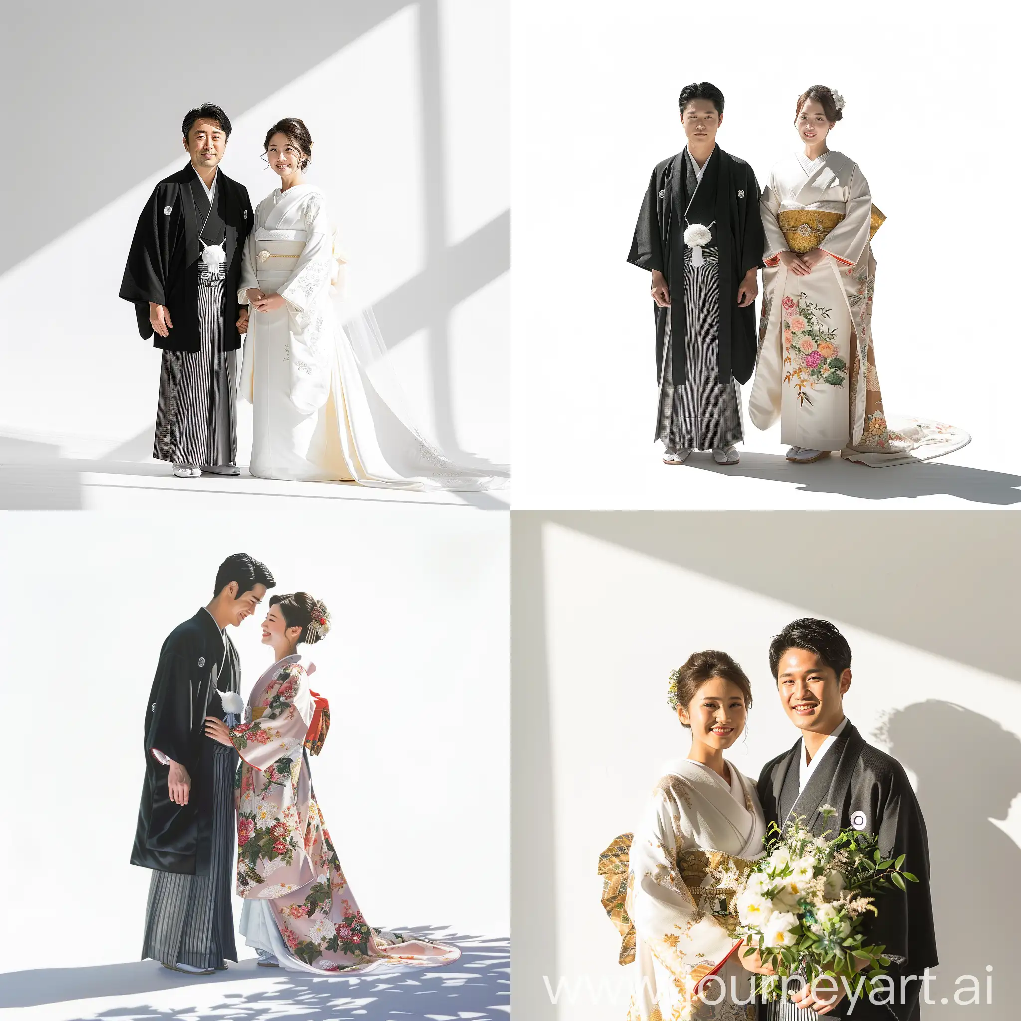 japanese bride and groom, japanese wedding style, affectionately standing front, clean white background, charming realistic style, design, delicate shadows