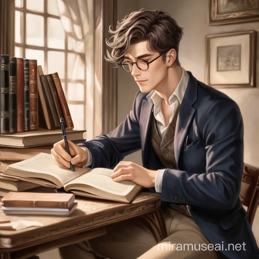 Handsome ShortHaired Man Writing Books