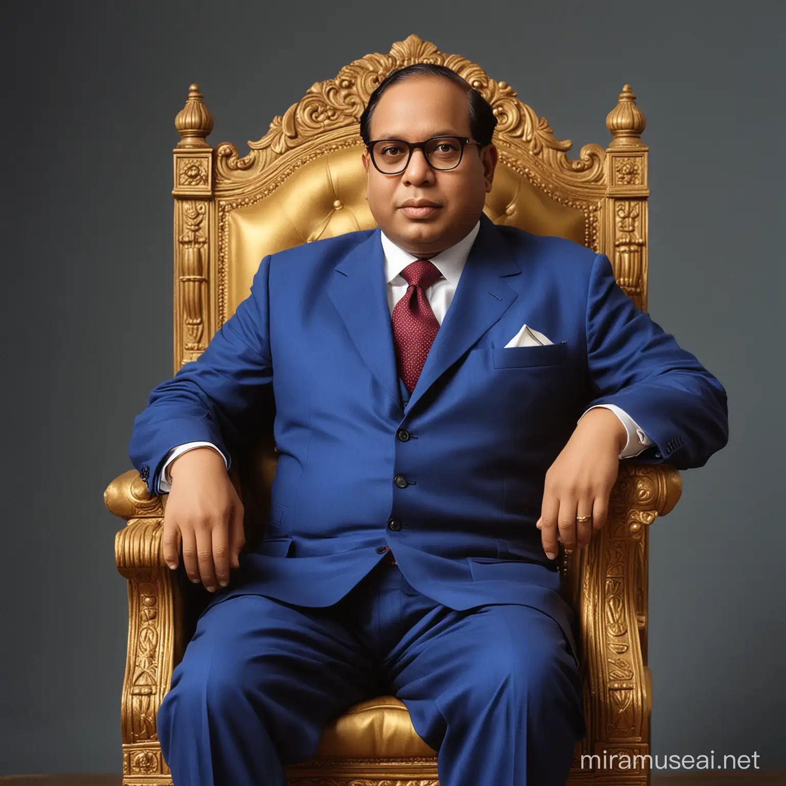 Babasaheb Ambedkar sitting on golden chair real ambedkar in blue suit front side 