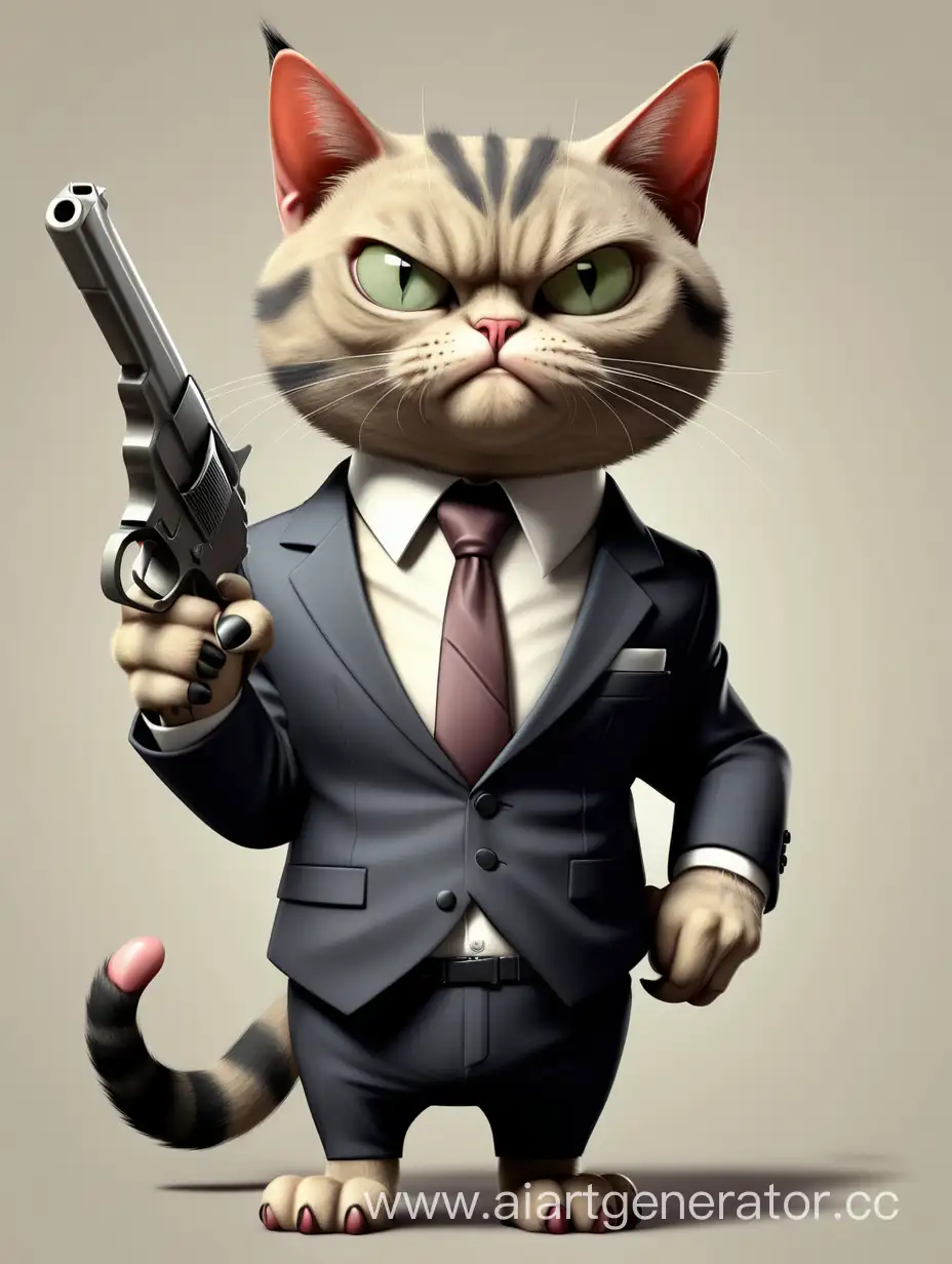 кот мафиози в деловом костюме с галстуком и пистолетом в лапах с когтями и со зловещим взглядом и телом человека, фон нейтральный