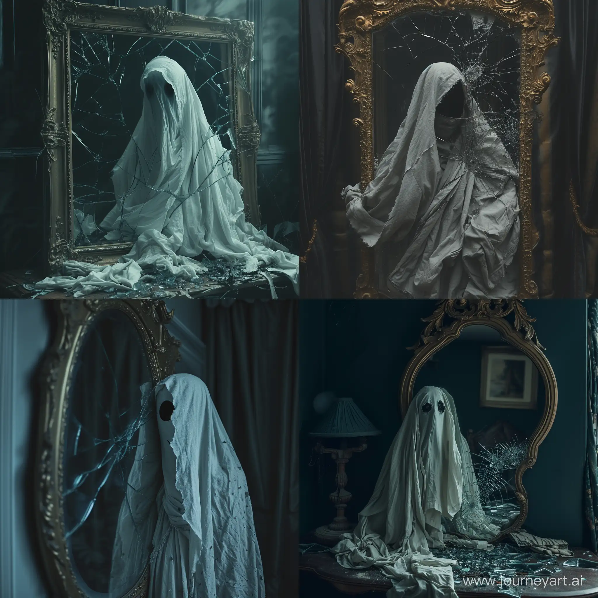 ghost, dark, mirror, broken glass, messy clothes