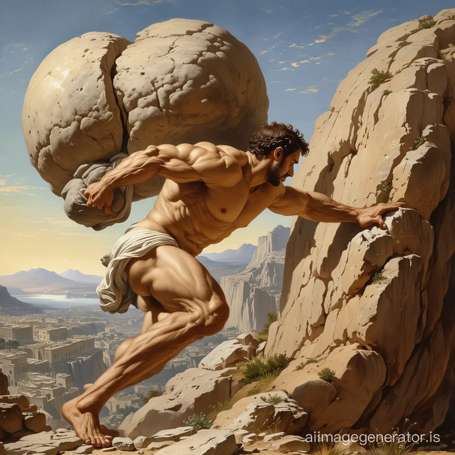 ancient Greece Sisyphus pushing rock uphill muscled body