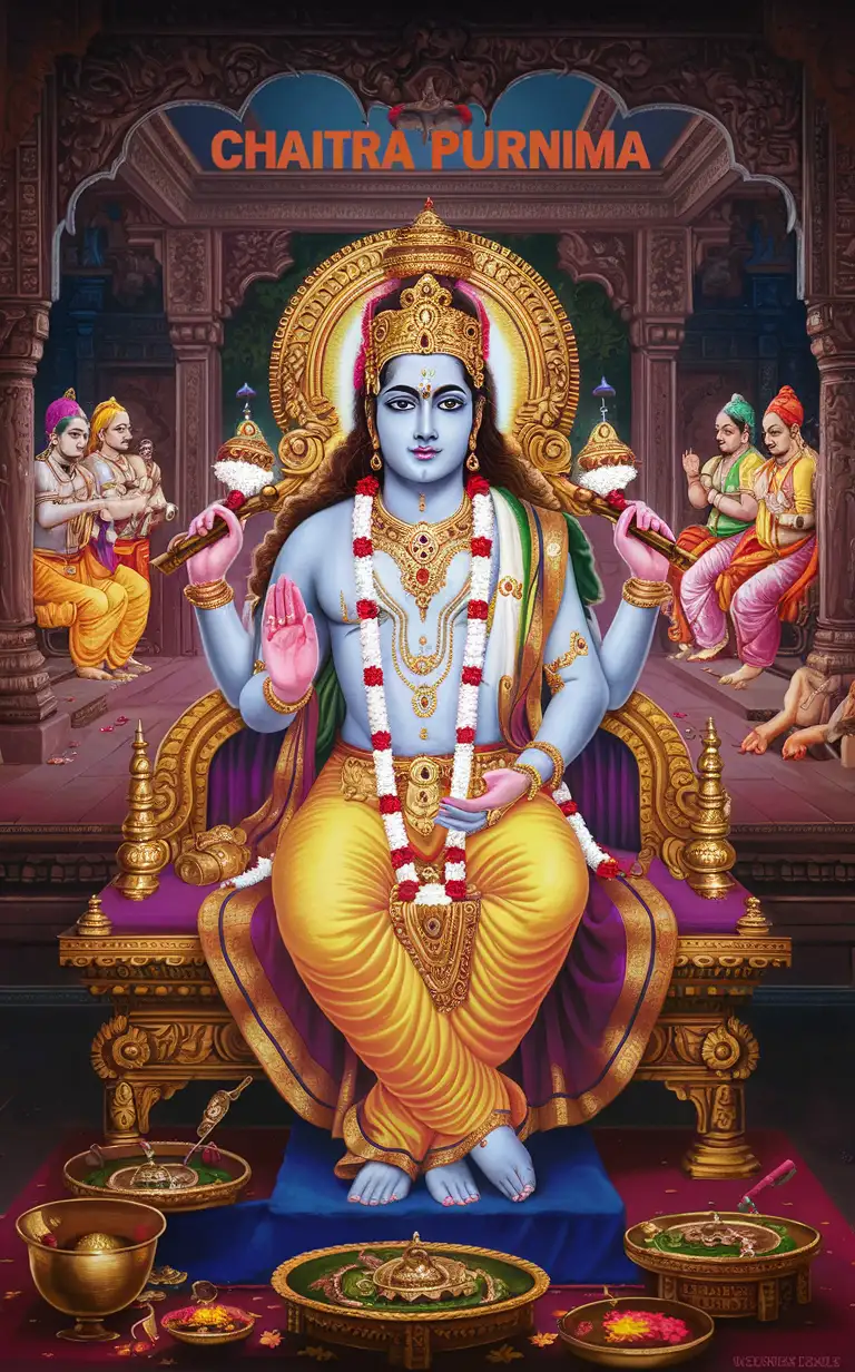 .Illustrate Lord Satya Narayana sitting on a throne with devotees performing puja on Chaitra Purnima.