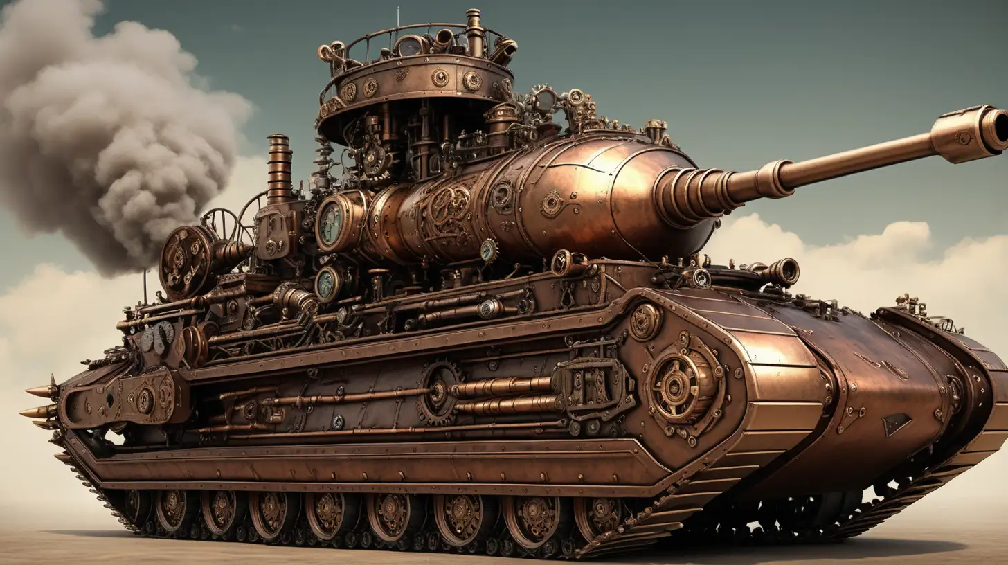 Intricate Steampunk War Tank Design with Brass Accents