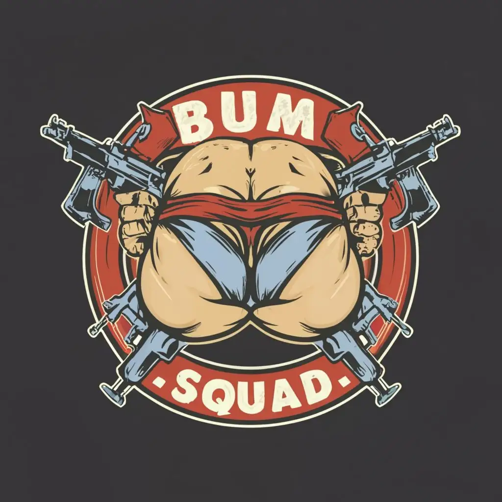 logo, bums and assault rifles, with the text "BUM SQUAD", typography
