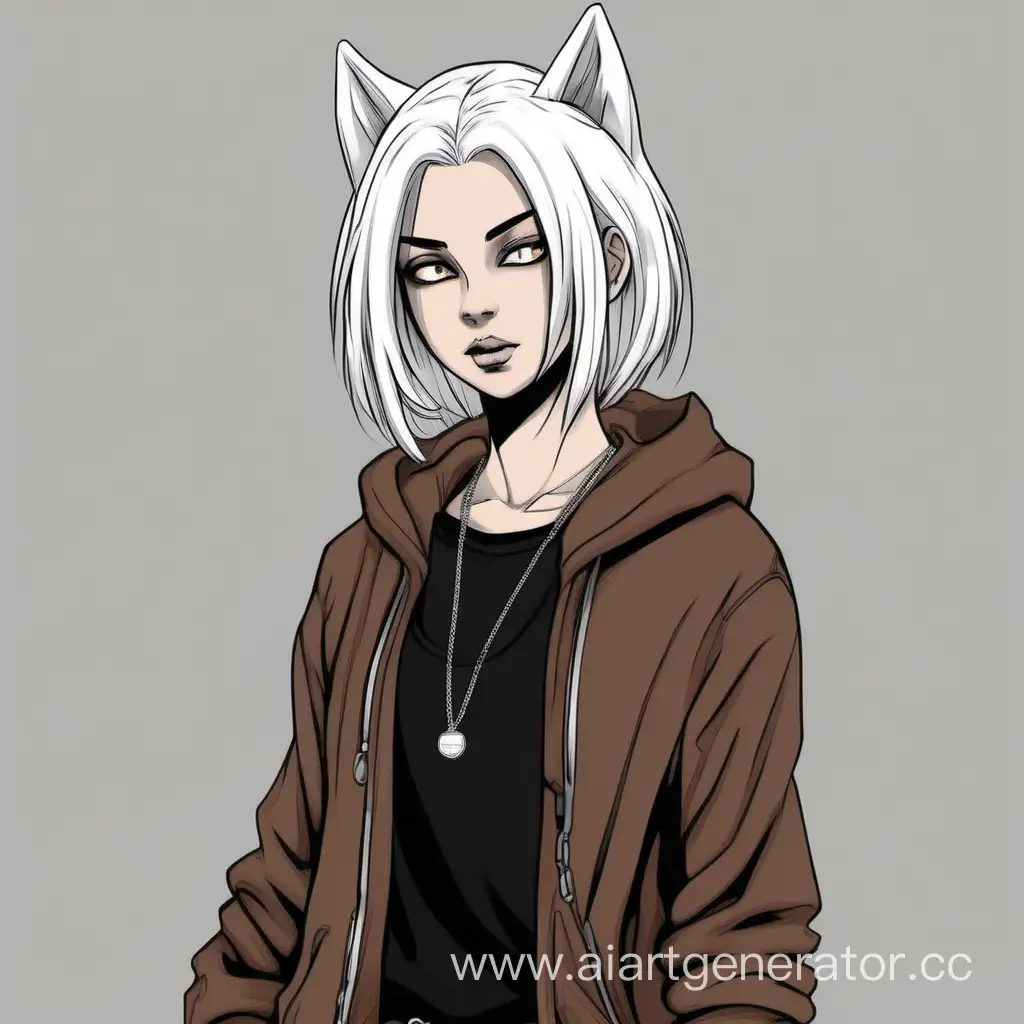 A girl with white hair cut into a wolf cut. Short girl. Girl One of her eyes is completely white, without a pupil. Girl Fandom Creepypasta. dressed in a wide brown sweater with a round neck and wide long dark brown jeans, on the girl's neck there is a small silver chain, on the right hand the girl is wearing a black fingerless glove. Her snickers are Nike Blazer Mid CI1167-001. Stands at full height. image in color.
