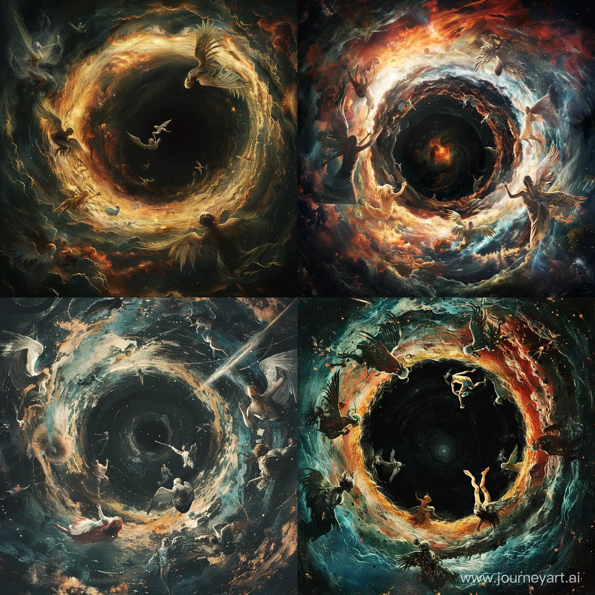 Space theme: Inside a black hole that holds humans captive, it represents the emotions that are trapped inside, with mysterious creatures resembling angels and demons embracing the black hole. --v 6 --ar 1:1 --no 74792