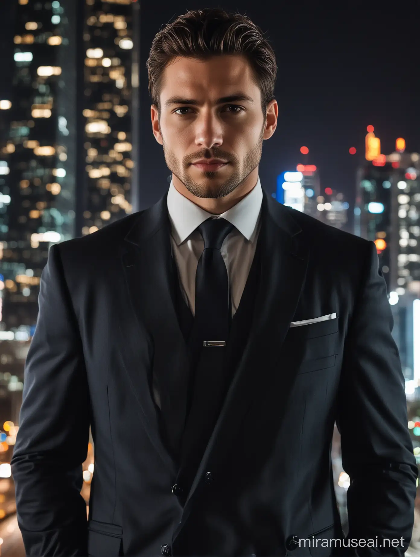 The man is so masculine and handsome and he’s wearing a business suit while looking at the camera with an intense aura. The background is night time and there’s a lot of lights at their back because there’s a lot of buildings. 