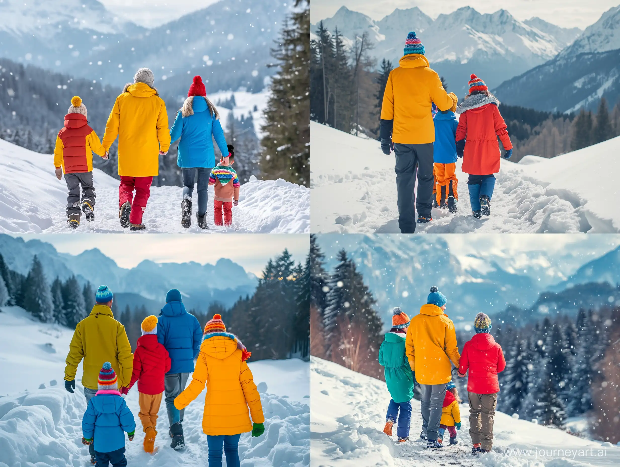 Счастливая семья - папа, мама, мальчик и девочка - гуляют по заснеженному склону горы в ярких цветных куртках, шапках и шарфах. Вдали виднеются заснеженный лес и другие вершины. Используй драматическое освещение, мягкий боке и интересную композицию для создания впечатляющего зимнего пейзажа.