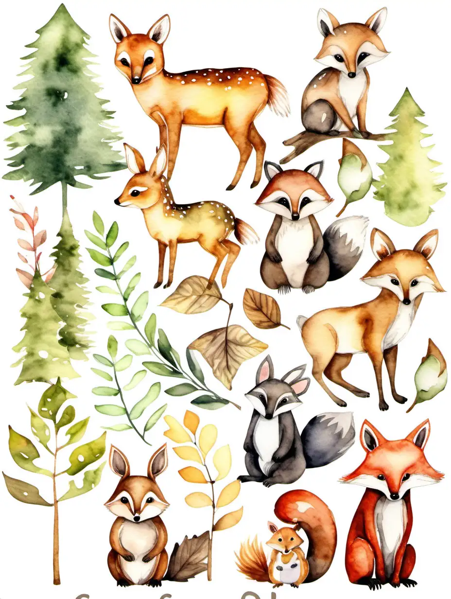 woodland watercolor clip art, isolated on a white background, suitable for a nursery