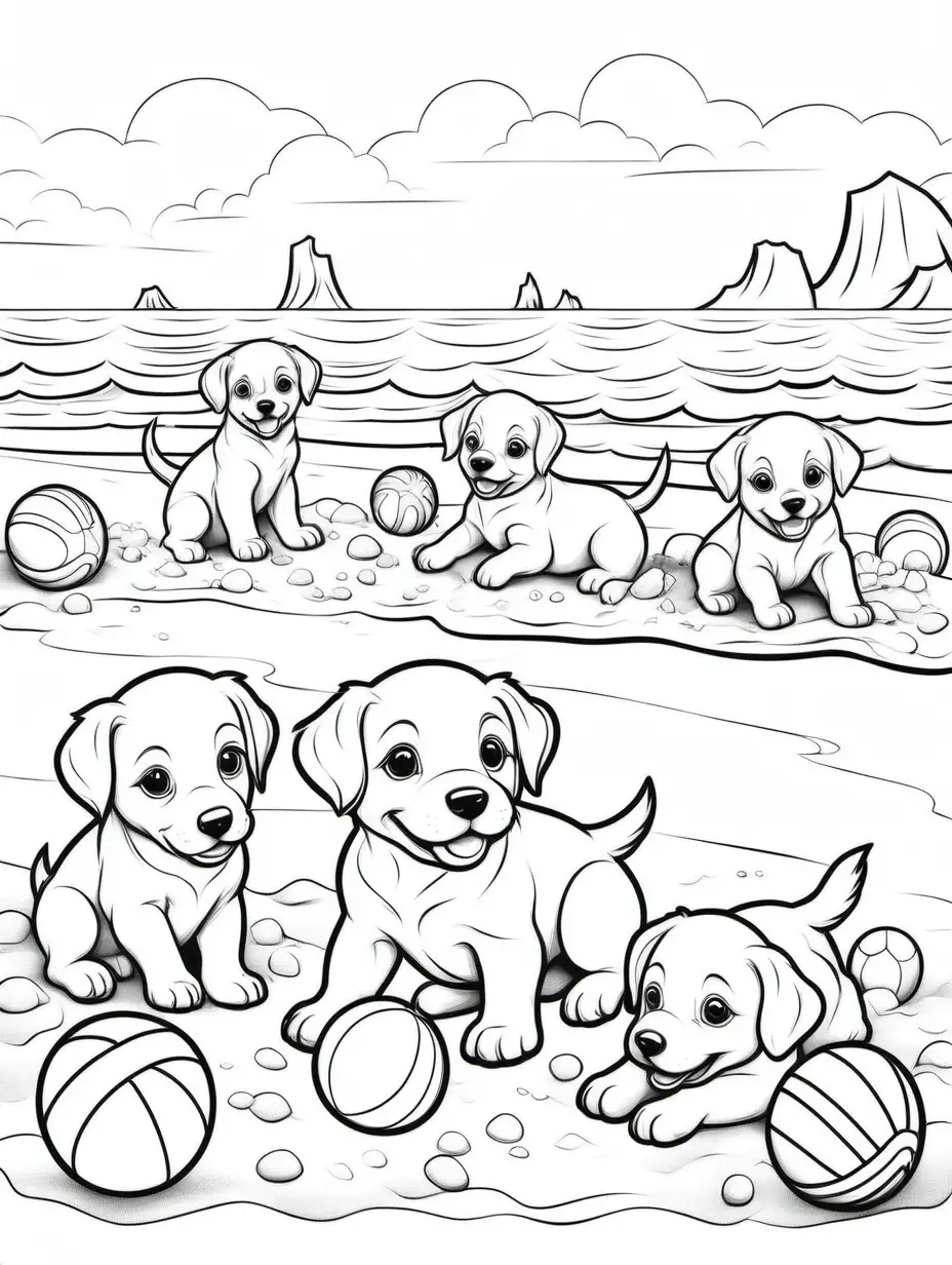 Coloring book page for young child, Puppies at the Beach: Puppies building sandcastles and playing with beach balls on the shore, no bleed,, Coloring Page, black and white, line art, white background, Simplicity, Ample White Space. The background of the coloring page is plain white to make it easy for young children to color within the lines. The outlines of all the subjects are easy to distinguish, making it simple for kids to color without too much difficulty, no color on page