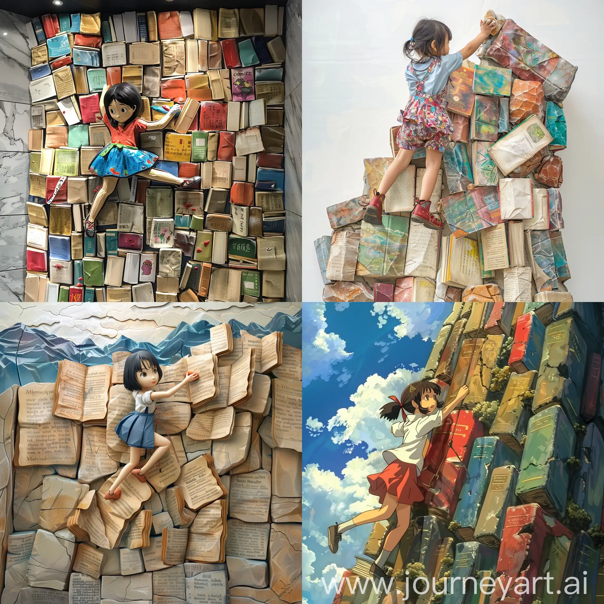 young girl climbing a rock wall made of book in the style of miyazaki