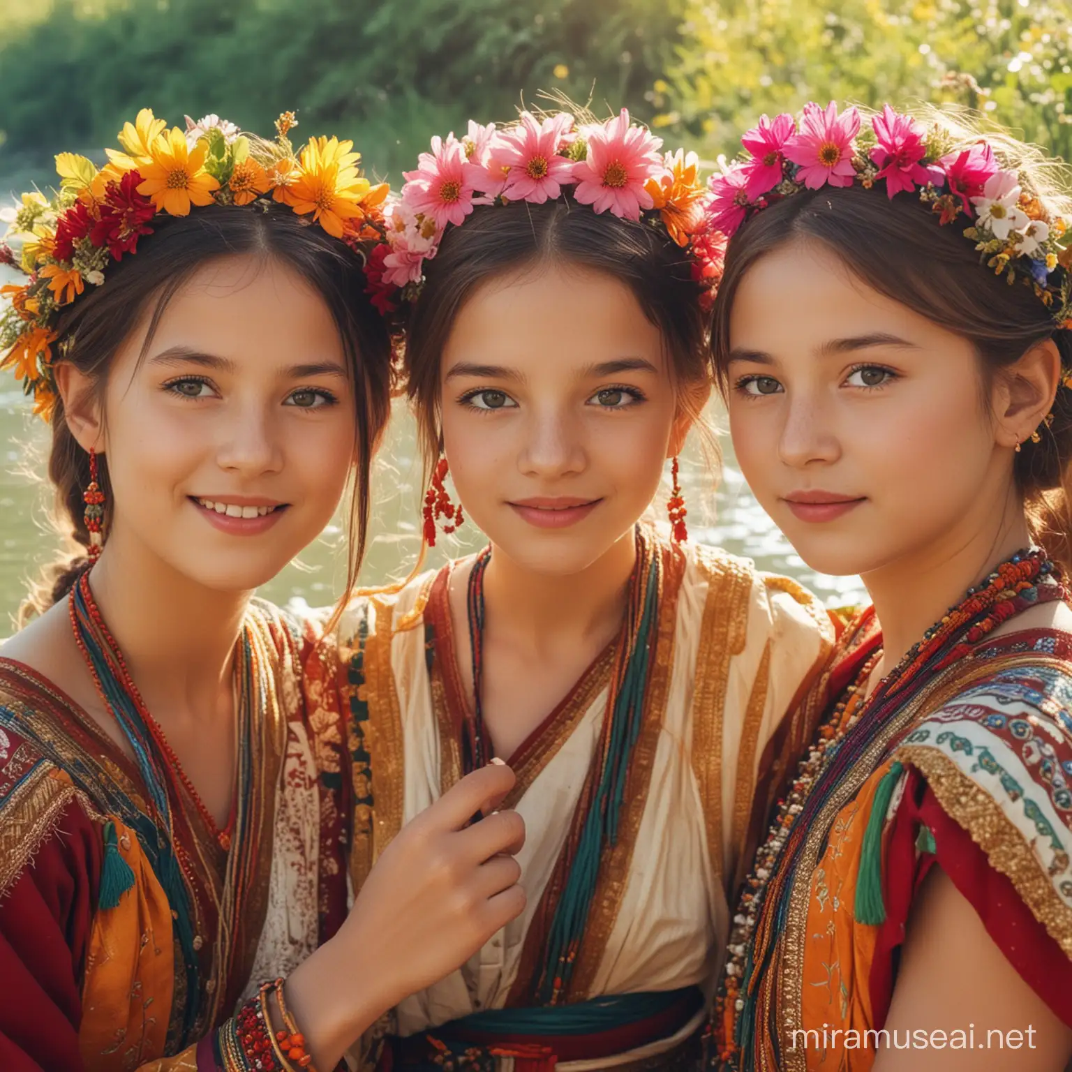 三个可爱女生  古装 彩色 鲜明 面部特写  沿河边的花丛转身 背景阳光 耀眼