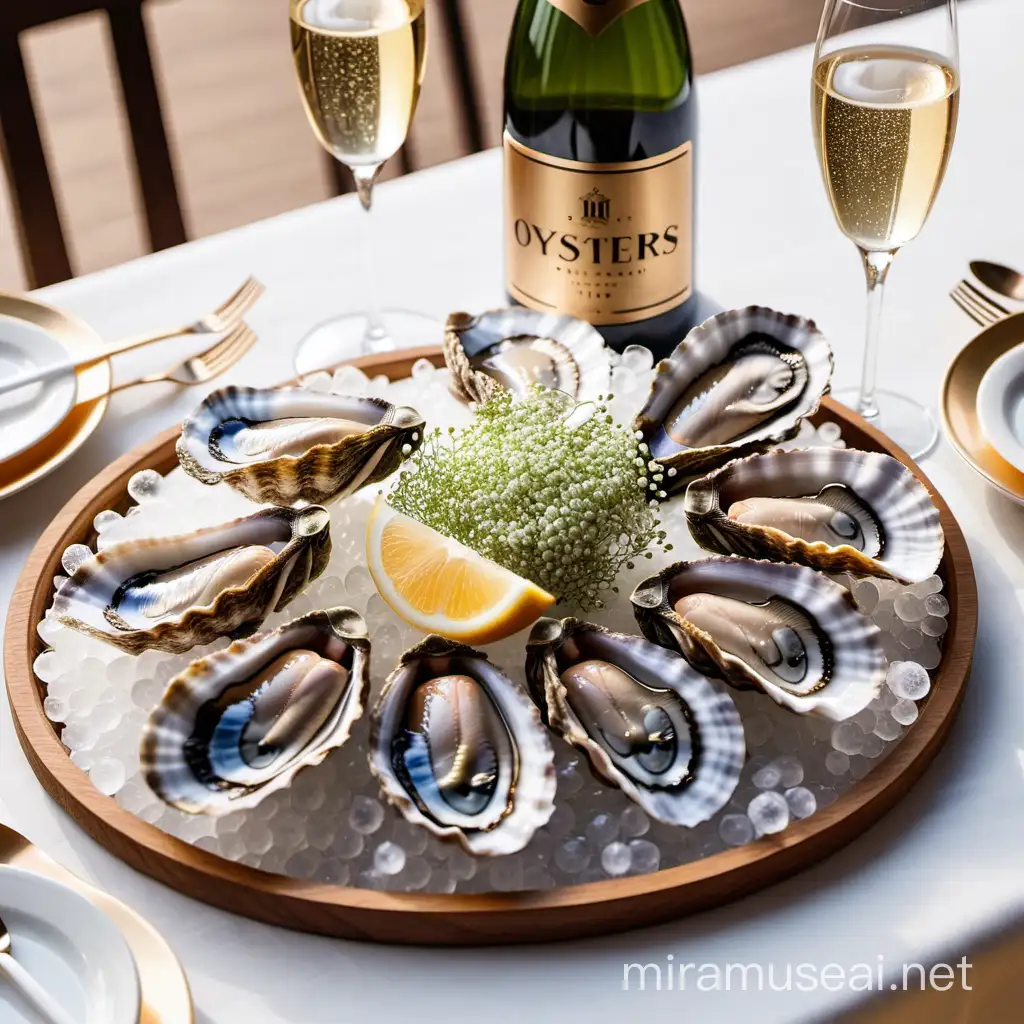 Luxurious Oysters and Champagne with Gold Accents and Babys Breath
