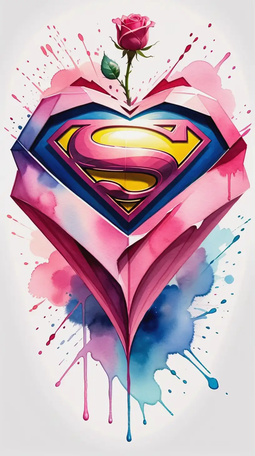 Romantic Heart and Rose in Superman Style Watercolor Pink