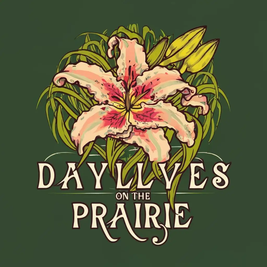 logo, DAYLILY FLOWER WITH PINK AND RED AND WHITE, with the text "DAYLILIES ON THE PRAIRIE", typography LIGHT GREEN BACKGROUND
