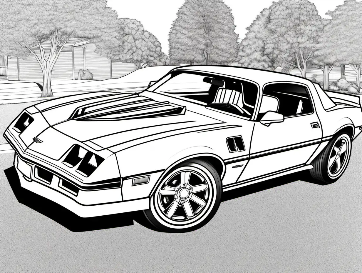 coloring page for adults, classic American automobile, 1982 Chevrolet Camaro Z28, clean line art, high detail, no shade