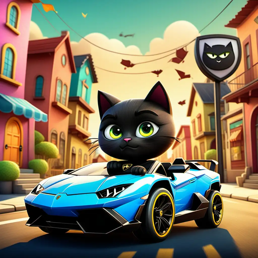 cartoon style Lamborghini car that is kid friendly with a black cat that is driving, the background is of a small town
