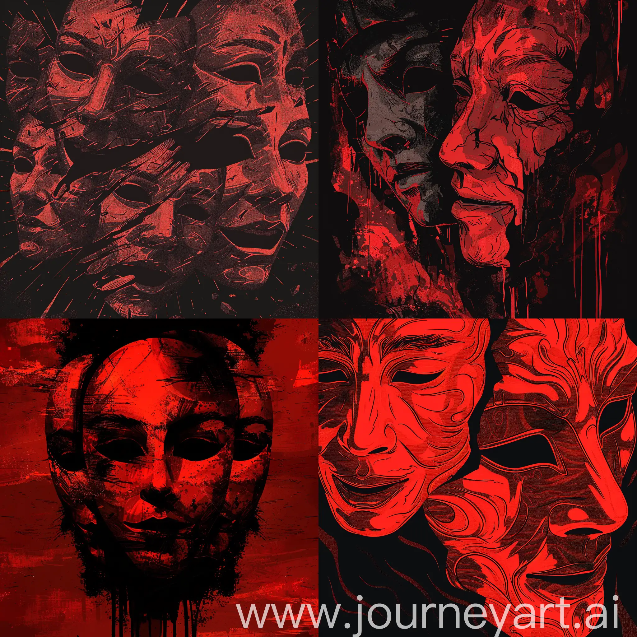 Create an illustration in red and black tones with philosophical meanings. Create an atmosphere themed around the idea that every mask falls in the face of death. No text should be used, but a striking illustration style should be employed.