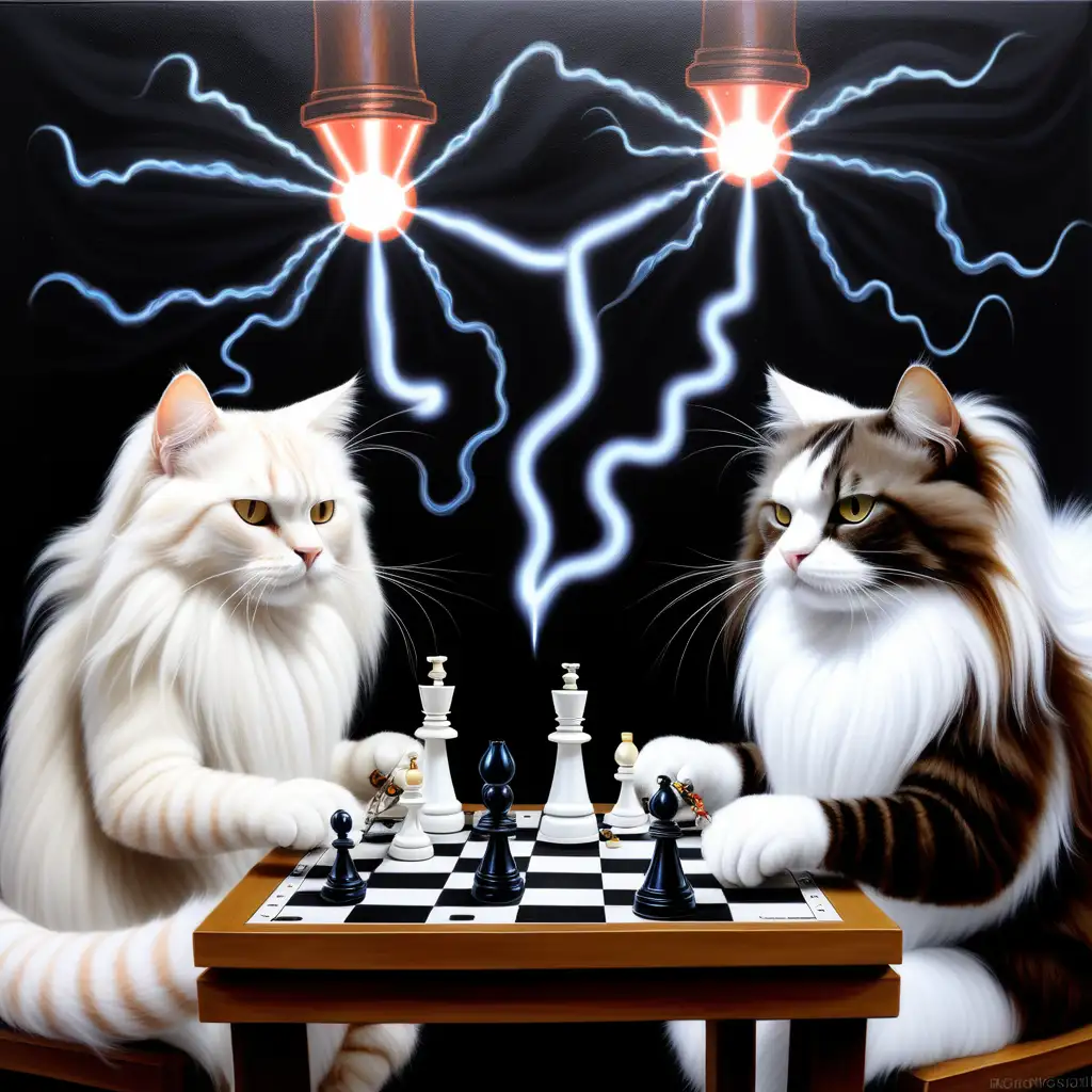 surrealistic painting of exactly 4 longhaired cats playing chess in an electric labo with a tesla coil.  2 cats have a white fur. 1 cat has a black and white fur. 1 cat has a brown and white fur.