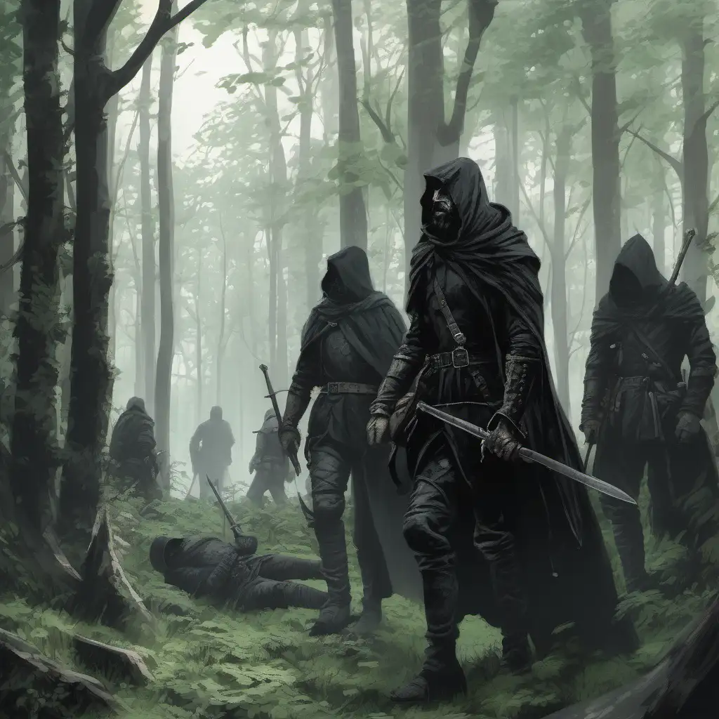 /imagine A dark fantasy illustration of gritty medieval mercenaries, dressed in black, waiting in ambush in a verdant forest, view from wide-angle