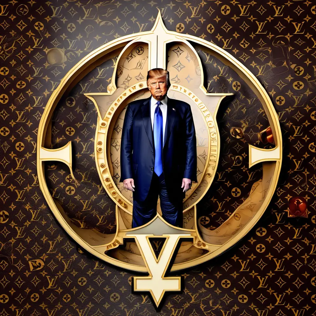 Donald trump in center of Louis Vuitton logo print