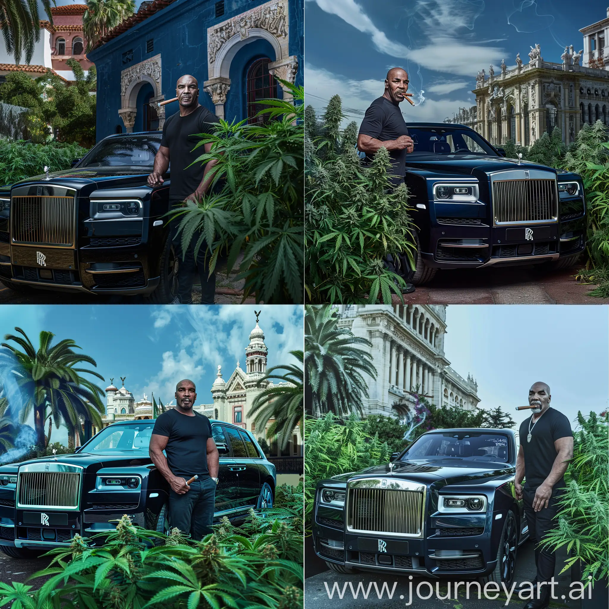 Майк тайсон стоит рядом черным Rolls Royce Cullinan, с сигарой на фоне красивого дворца и растения канабиса зеленого цвета. Преобладает синий, черный и белый цвет. 4k 1080p.