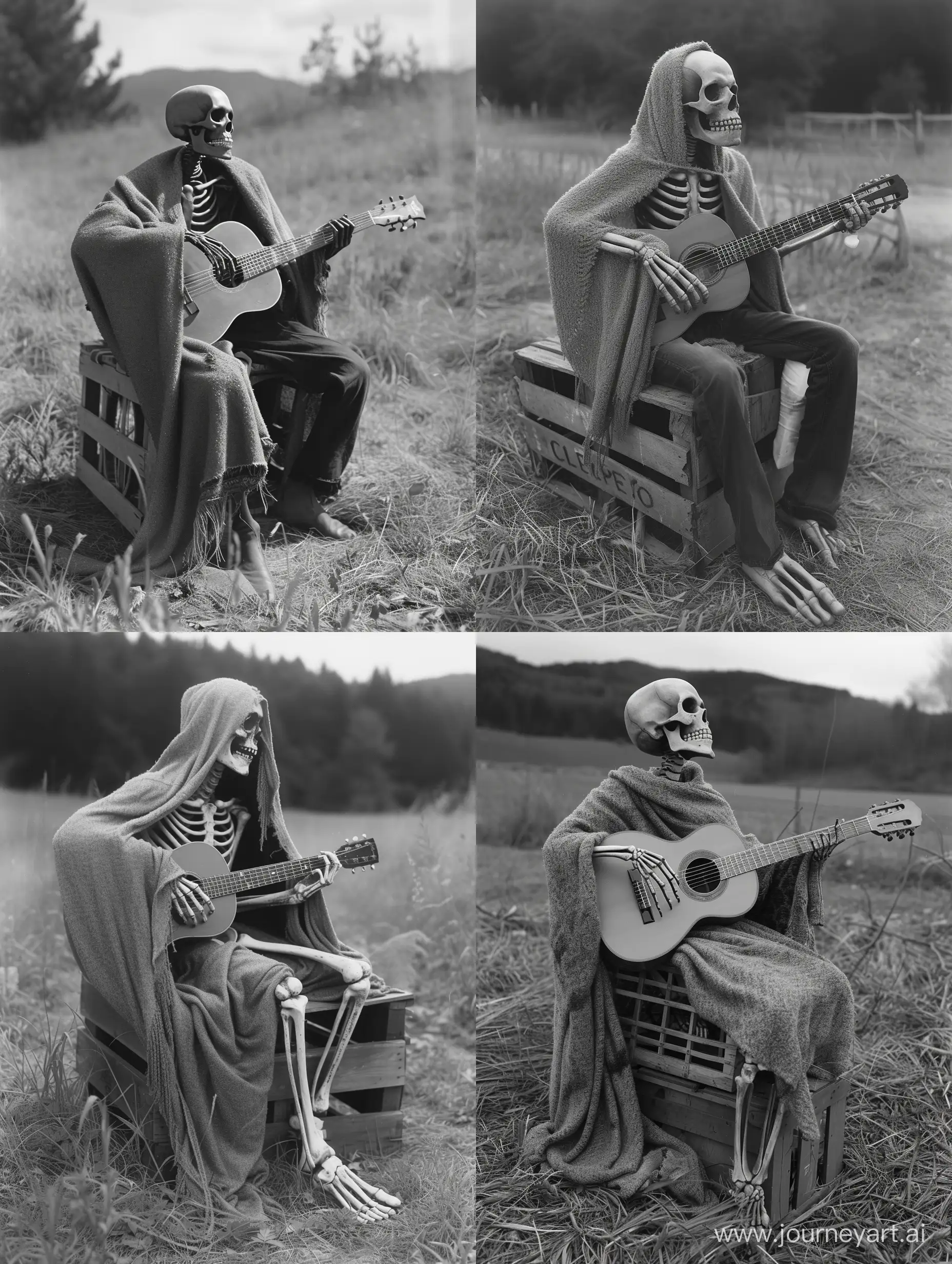 Grayscale image of skeletal figure wrapped snuggly in a wool blanket. He is sitting on a crate in a field playing an acoustic guitar, attention to detail, dark aesthetic, taken on provia