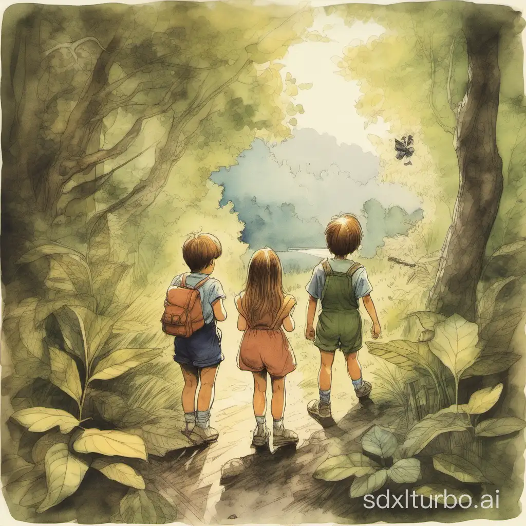 childhood image of a boy and a girl exploring nature
