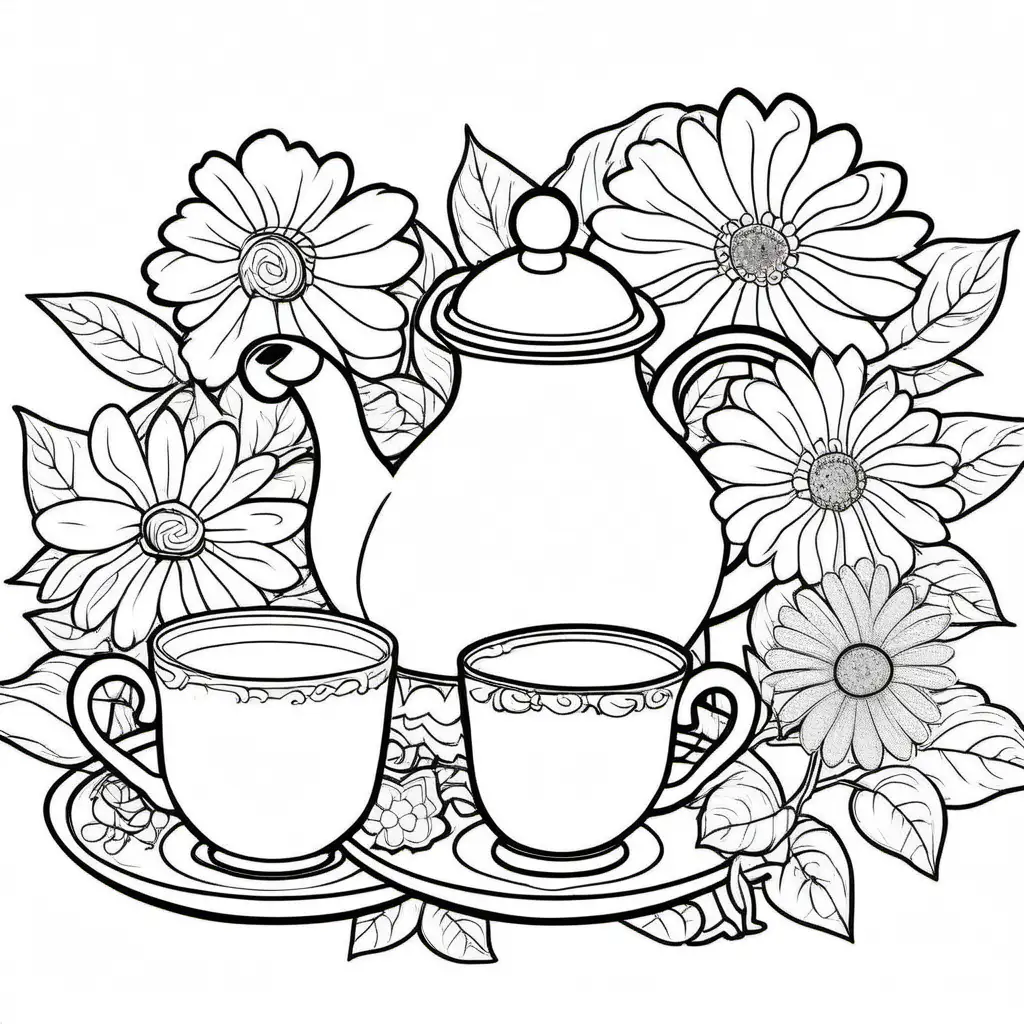 Cute tea set with flowers, Coloring Page, black and white, line art, white background, Simplicity, Ample White Space. The background of the coloring page is plain white to make it easy for young children to color within the lines. The outlines of all the subjects are easy to distinguish, making it simple for kids to color without too much difficulty