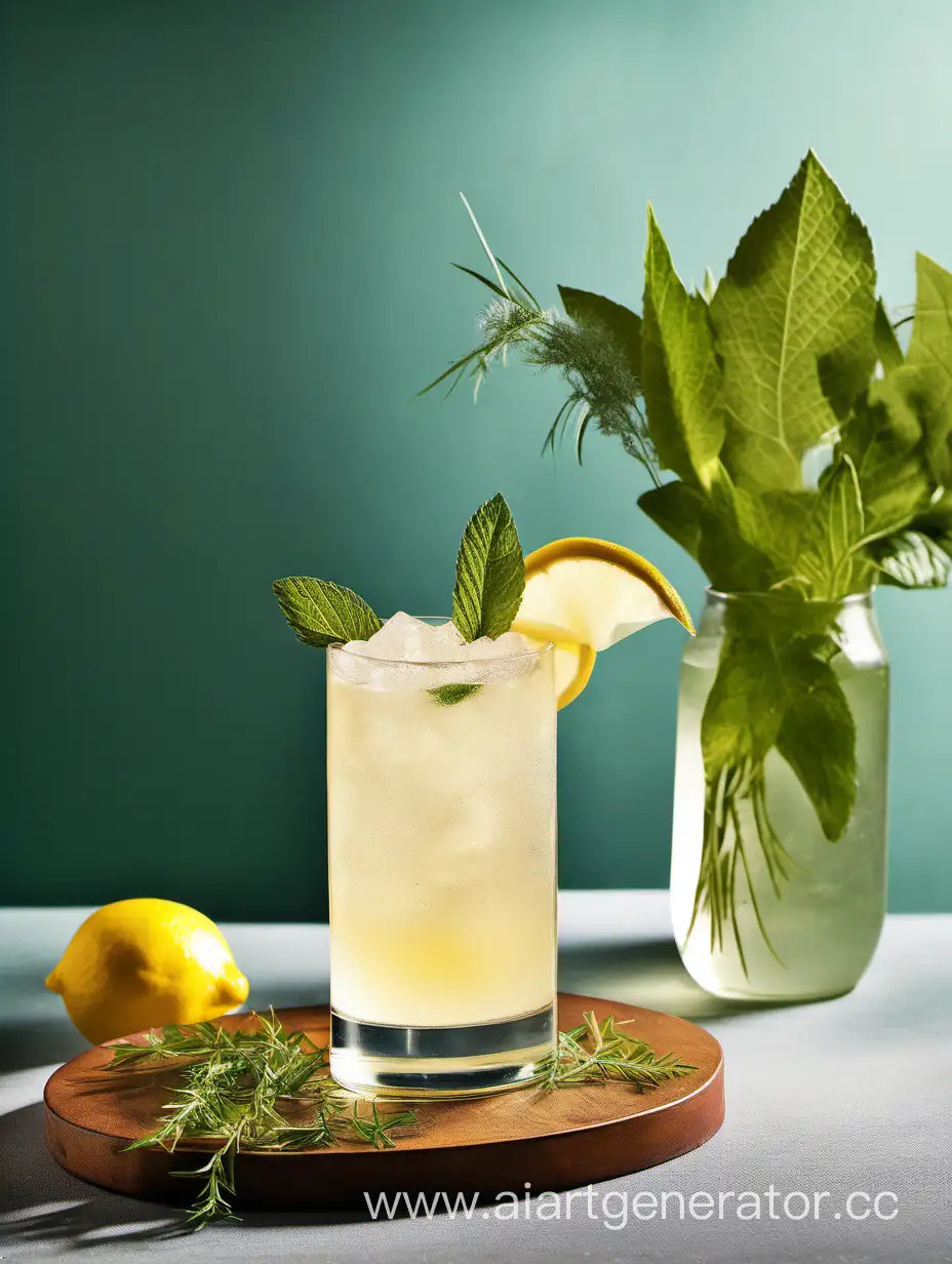 a cocktail named alpine breeze with almdudler lemonade, herb leaves