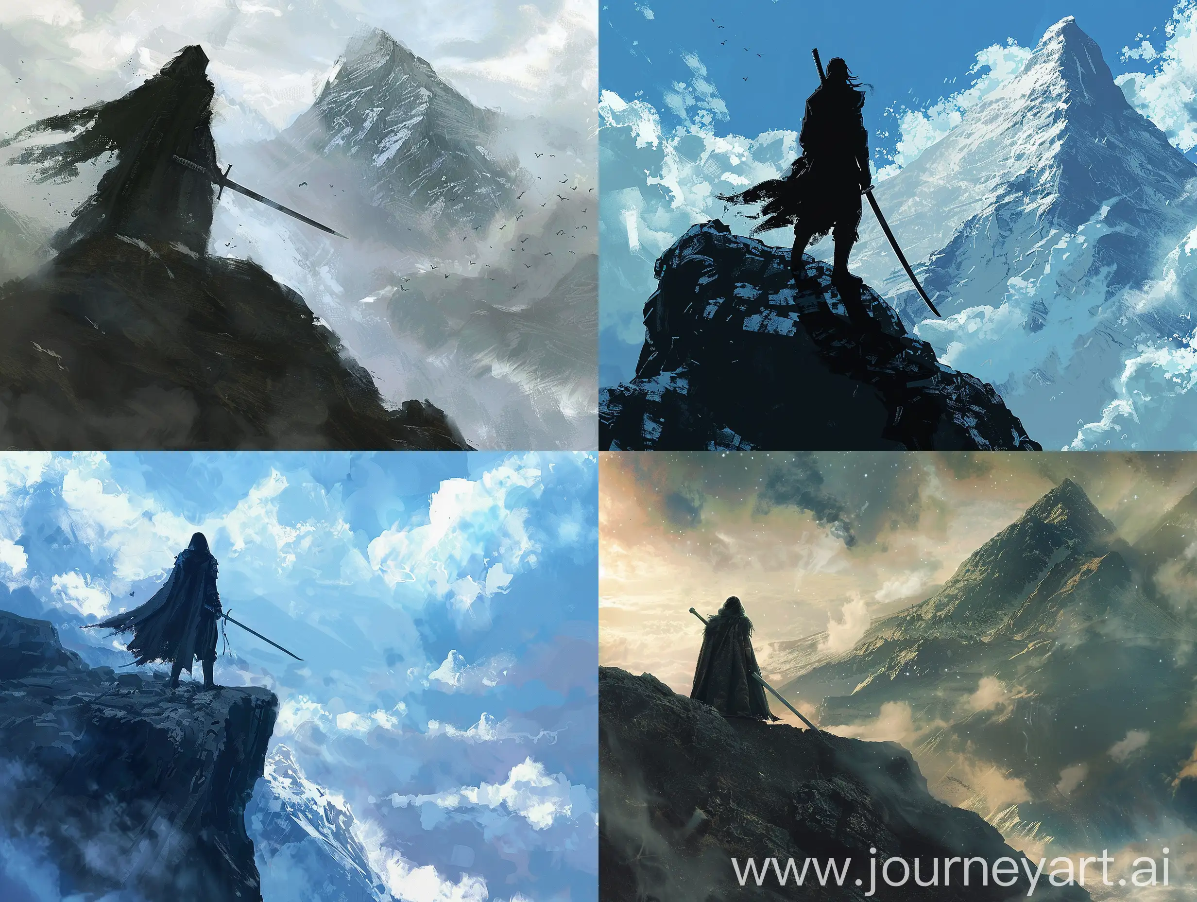 Shadowy-Swordsman-Amidst-Lovecraftian-Mountains-with-Aurora-Sky