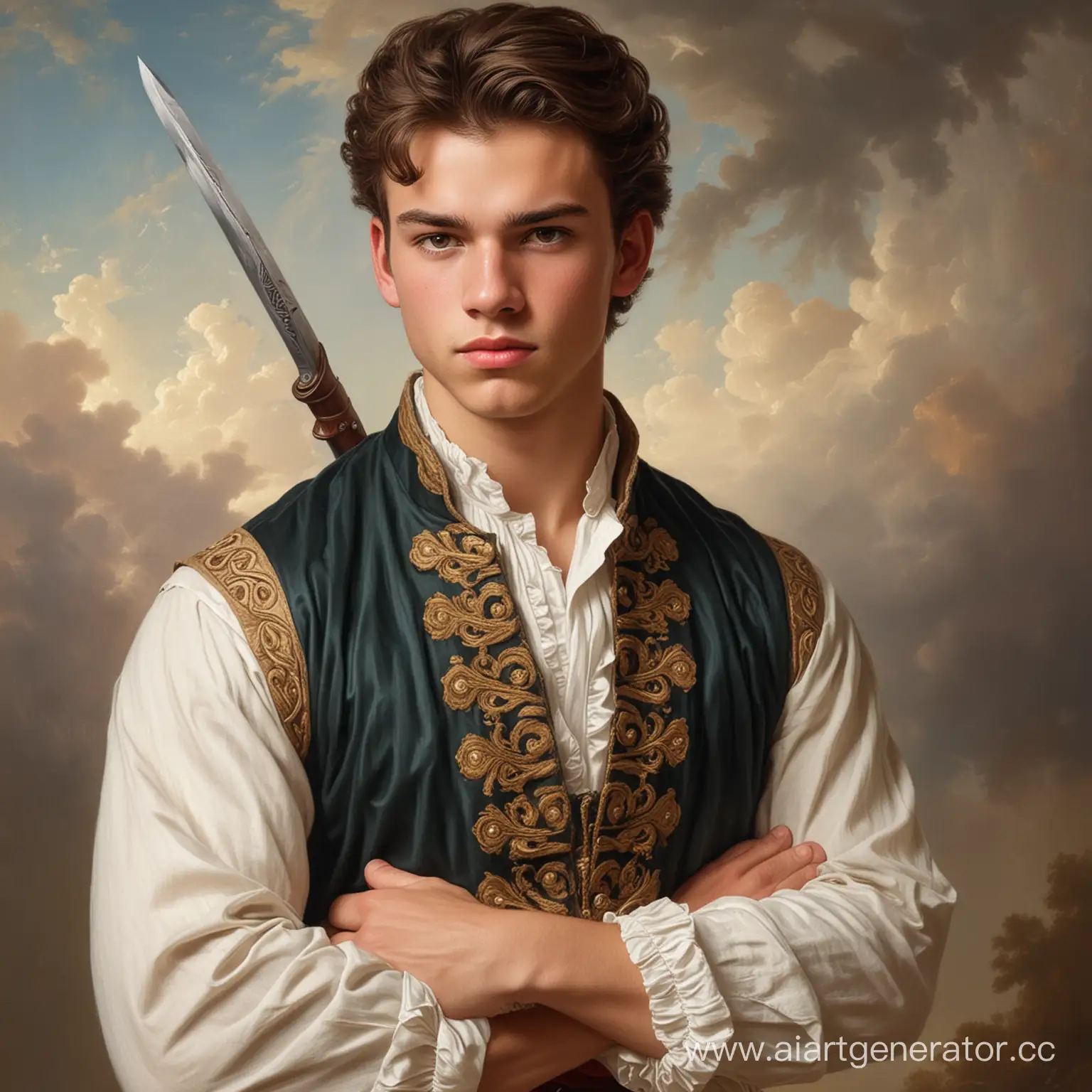 Serious-18th-Century-Warrior-Portrait-with-BrownEyed-Youth-Holding-Weapon