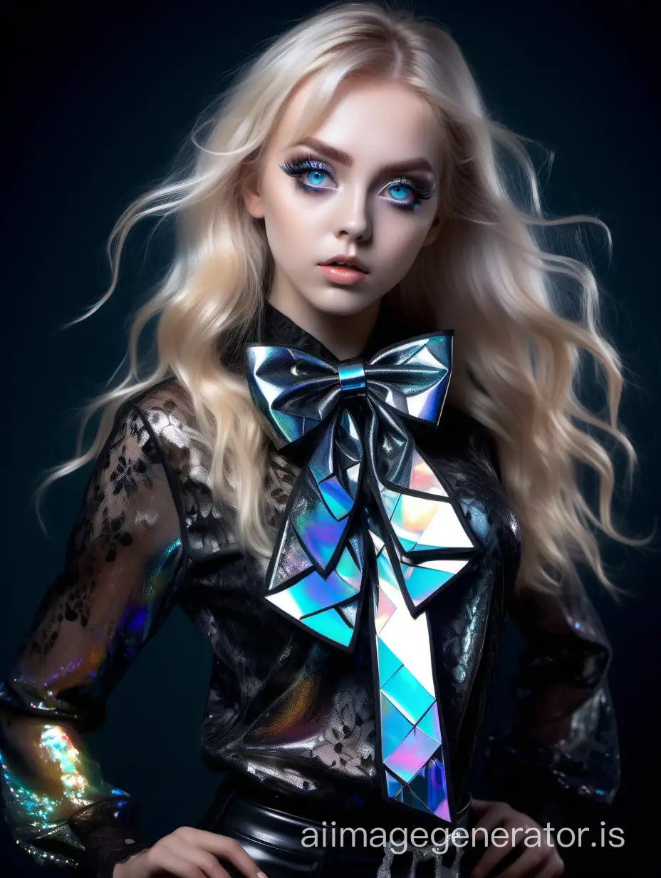 😻 girl in a black iridescent blouse with a bow, big expressive eyes, long crystalline eyelashes, 120k, high quality, feminine facial aesthetics, graceful, boots, blonde hair, sparkling body, silver lace, fantasy, honeycore, beauty, high resolution, depth of exposures, triple exposure