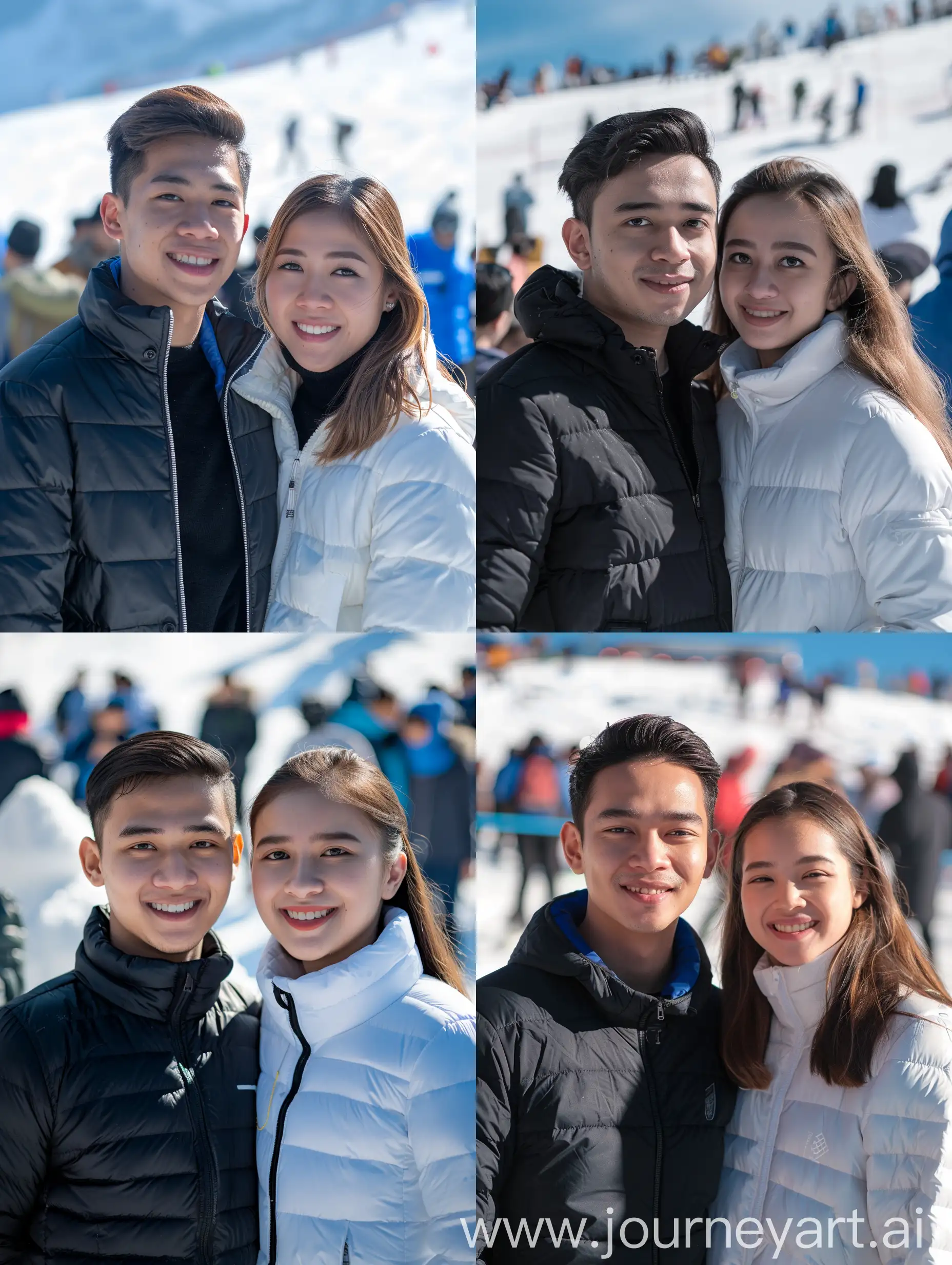 (8K, RAW Photo, Photography, Photorealistic, Realistic, Highest Quality, Intricate Detail), Medium photo of 25 year old Indonesian man, fit, slightly fat body, oval face, fair skin, natural skin, medium hair, wearing black season bubble jacket cold, wearing a winter blue Ciput, side by side with a 25 year old Indonesian woman in a white winter bubble jacket, wearing a winter blue and white Ciput, they smile facing the camera, their eyes look at the camera, the corners of their eyes are at eye level. behind the snow behind many people behind us the sky is bright blue white beautiful as it is